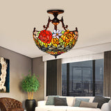 Bronze Blossom Semi Flush Mediterranean 3 Lights Red/Orange/Green Cut Glass Ceiling Mount for Living Room Orange Clearhalo 'Ceiling Lights' 'Chandeliers' 'Close To Ceiling Lights' 'Close to ceiling' 'Glass shade' 'Glass' 'Semi-flushmount' 'Tiffany close to ceiling' 'Tiffany' Lighting' 331139