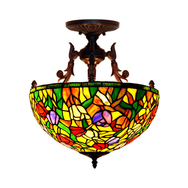 Bronze Blossom Semi Flush Mediterranean 3 Lights Red/Orange/Green Cut Glass Ceiling Mount for Living Room Green Clearhalo 'Ceiling Lights' 'Chandeliers' 'Close To Ceiling Lights' 'Close to ceiling' 'Glass shade' 'Glass' 'Semi-flushmount' 'Tiffany close to ceiling' 'Tiffany' Lighting' 331144