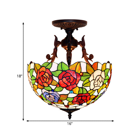 Bronze Blossom Semi Flush Mediterranean 3 Lights Red/Orange/Green Cut Glass Ceiling Mount for Living Room Clearhalo 'Ceiling Lights' 'Chandeliers' 'Close To Ceiling Lights' 'Close to ceiling' 'Glass shade' 'Glass' 'Semi-flushmount' 'Tiffany close to ceiling' 'Tiffany' Lighting' 331149