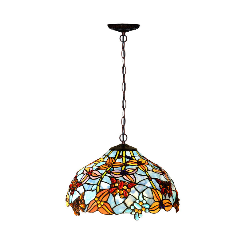 Red/Blue Cut Glass Petal Chandelier Lamp Mediterranean 2 Lights Bronze Pendant Light Fixture for Kitchen Clearhalo 'Ceiling Lights' 'Chandeliers' 'Close To Ceiling Lights' 'Industrial' 'Middle Century Chandeliers' 'Tiffany Chandeliers' 'Tiffany close to ceiling' 'Tiffany' Lighting' 331152