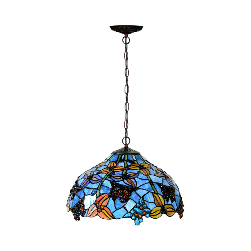 Red/Blue Cut Glass Petal Chandelier Lamp Mediterranean 2 Lights Bronze Pendant Light Fixture for Kitchen Clearhalo 'Ceiling Lights' 'Chandeliers' 'Close To Ceiling Lights' 'Industrial' 'Middle Century Chandeliers' 'Tiffany Chandeliers' 'Tiffany close to ceiling' 'Tiffany' Lighting' 331153