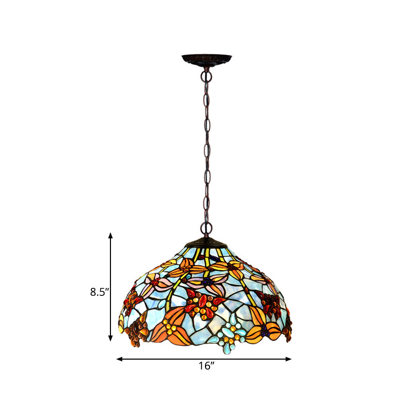 Red/Blue Cut Glass Petal Chandelier Lamp Mediterranean 2 Lights Bronze Pendant Light Fixture for Kitchen Clearhalo 'Ceiling Lights' 'Chandeliers' 'Close To Ceiling Lights' 'Industrial' 'Middle Century Chandeliers' 'Tiffany Chandeliers' 'Tiffany close to ceiling' 'Tiffany' Lighting' 331154