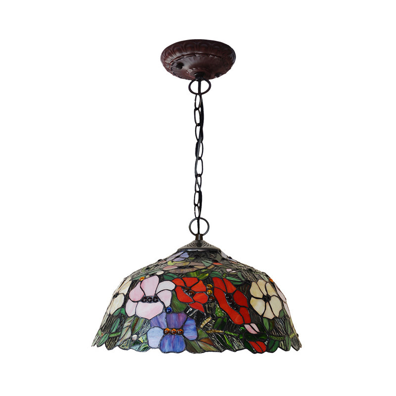 Red/Blue Cut Glass Petal Chandelier Lamp Mediterranean 2 Lights Bronze Pendant Light Fixture for Kitchen Clearhalo 'Ceiling Lights' 'Chandeliers' 'Close To Ceiling Lights' 'Industrial' 'Middle Century Chandeliers' 'Tiffany Chandeliers' 'Tiffany close to ceiling' 'Tiffany' Lighting' 331156