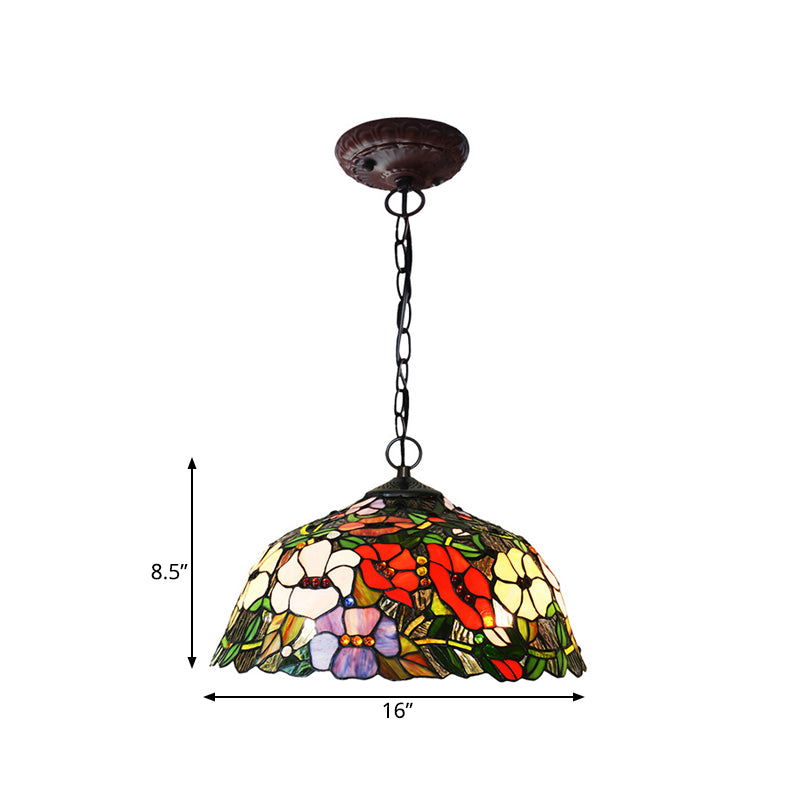 Red/Blue Cut Glass Petal Chandelier Lamp Mediterranean 2 Lights Bronze Pendant Light Fixture for Kitchen Clearhalo 'Ceiling Lights' 'Chandeliers' 'Close To Ceiling Lights' 'Industrial' 'Middle Century Chandeliers' 'Tiffany Chandeliers' 'Tiffany close to ceiling' 'Tiffany' Lighting' 331157