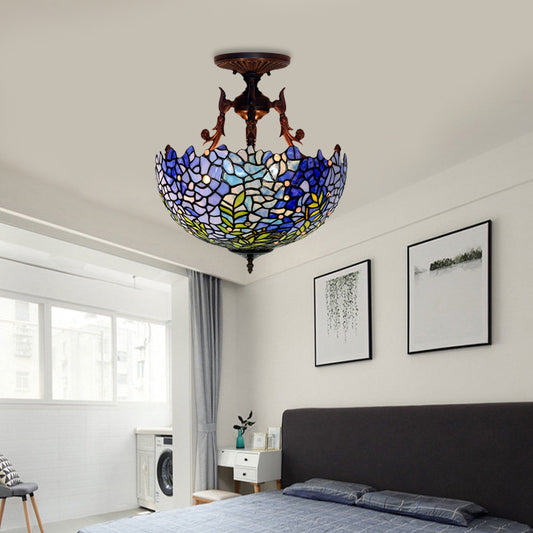 3 Lights Domed Semi Mount Lighting Victorian Blue/Light Blue Stained Glass Ceiling Light Fixture for Kitchen Blue Clearhalo 'Ceiling Lights' 'Close To Ceiling Lights' 'Close to ceiling' 'Glass shade' 'Glass' 'Pendant Lights' 'Semi-flushmount' 'Tiffany close to ceiling' 'Tiffany' Lighting' 331158