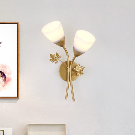 Floral Wall Lamp Modernist Milk Glass 2 Bulbs Black/Gold Sconce Light Fixture with Metal Leaf Gold Clearhalo 'Cast Iron' 'Glass' 'Industrial' 'Modern wall lights' 'Modern' 'Tiffany' 'Traditional wall lights' 'Wall Lamps & Sconces' 'Wall Lights' Lighting' 331166