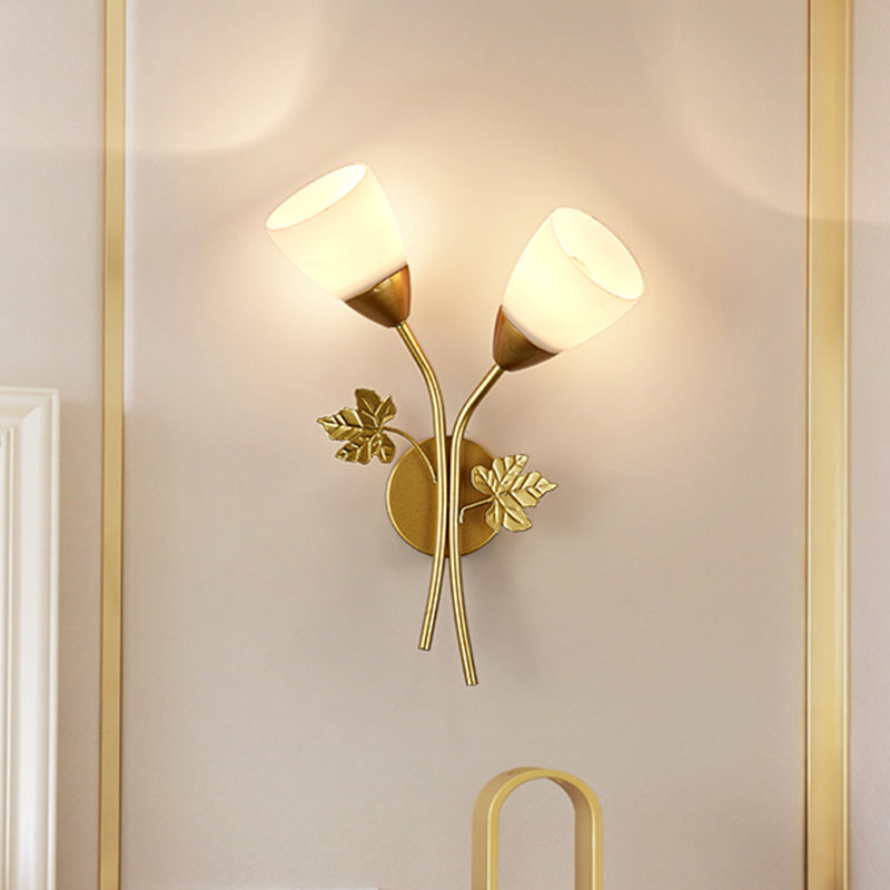 Floral Wall Lamp Modernist Milk Glass 2 Bulbs Black/Gold Sconce Light Fixture with Metal Leaf Clearhalo 'Cast Iron' 'Glass' 'Industrial' 'Modern wall lights' 'Modern' 'Tiffany' 'Traditional wall lights' 'Wall Lamps & Sconces' 'Wall Lights' Lighting' 331167