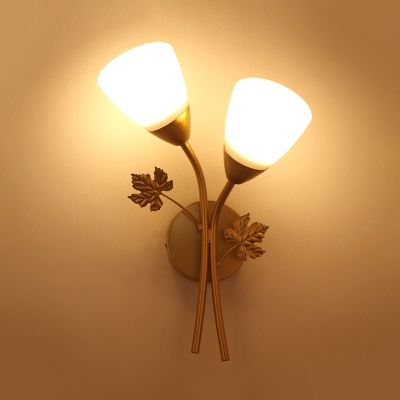 Floral Wall Lamp Modernist Milk Glass 2 Bulbs Black/Gold Sconce Light Fixture with Metal Leaf Clearhalo 'Cast Iron' 'Glass' 'Industrial' 'Modern wall lights' 'Modern' 'Tiffany' 'Traditional wall lights' 'Wall Lamps & Sconces' 'Wall Lights' Lighting' 331168