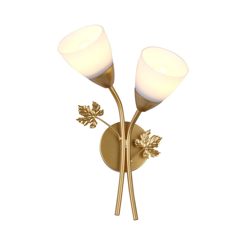 Floral Wall Lamp Modernist Milk Glass 2 Bulbs Black/Gold Sconce Light Fixture with Metal Leaf Clearhalo 'Cast Iron' 'Glass' 'Industrial' 'Modern wall lights' 'Modern' 'Tiffany' 'Traditional wall lights' 'Wall Lamps & Sconces' 'Wall Lights' Lighting' 331169