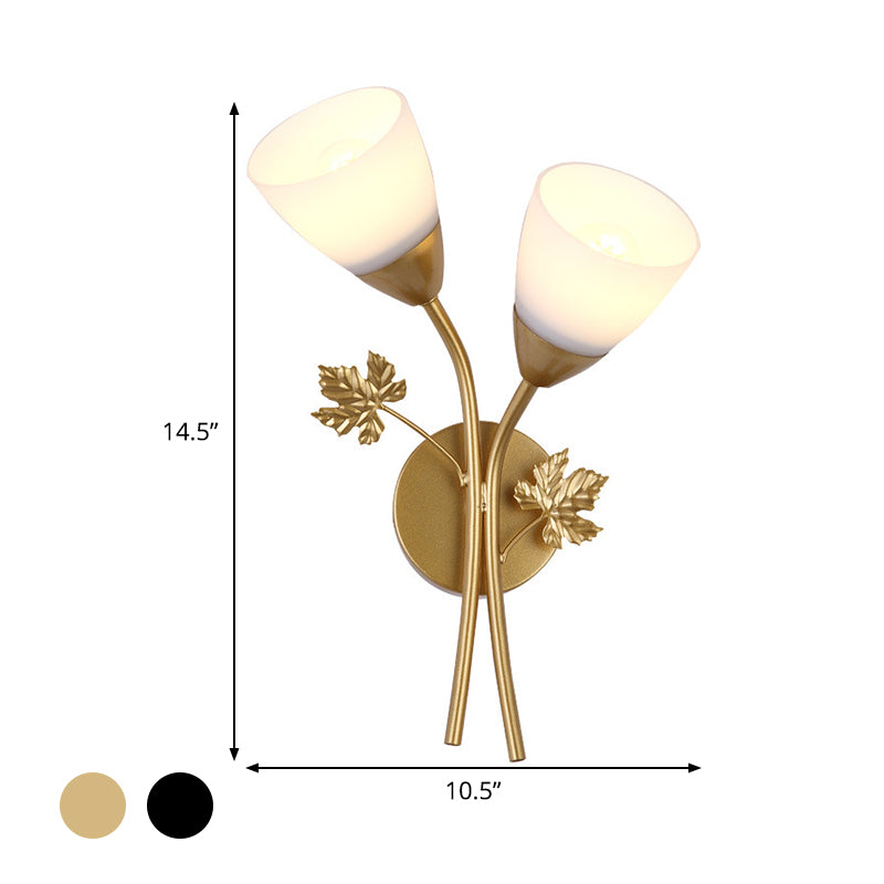 Floral Wall Lamp Modernist Milk Glass 2 Bulbs Black/Gold Sconce Light Fixture with Metal Leaf Clearhalo 'Cast Iron' 'Glass' 'Industrial' 'Modern wall lights' 'Modern' 'Tiffany' 'Traditional wall lights' 'Wall Lamps & Sconces' 'Wall Lights' Lighting' 331170