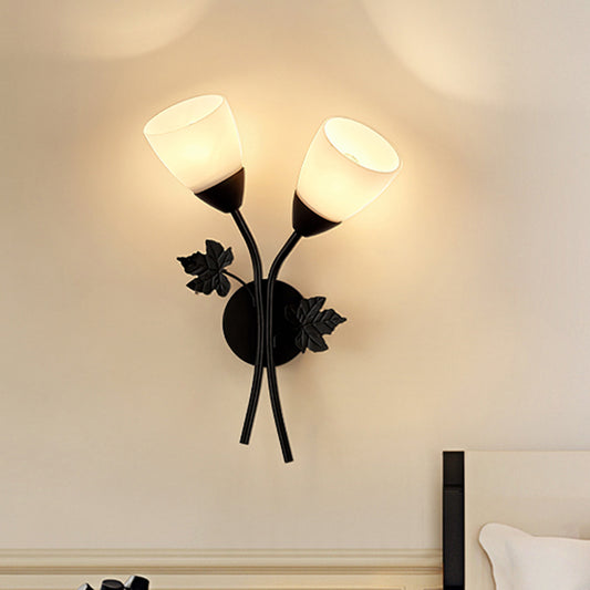Floral Wall Lamp Modernist Milk Glass 2 Bulbs Black/Gold Sconce Light Fixture with Metal Leaf Black Clearhalo 'Cast Iron' 'Glass' 'Industrial' 'Modern wall lights' 'Modern' 'Tiffany' 'Traditional wall lights' 'Wall Lamps & Sconces' 'Wall Lights' Lighting' 331171