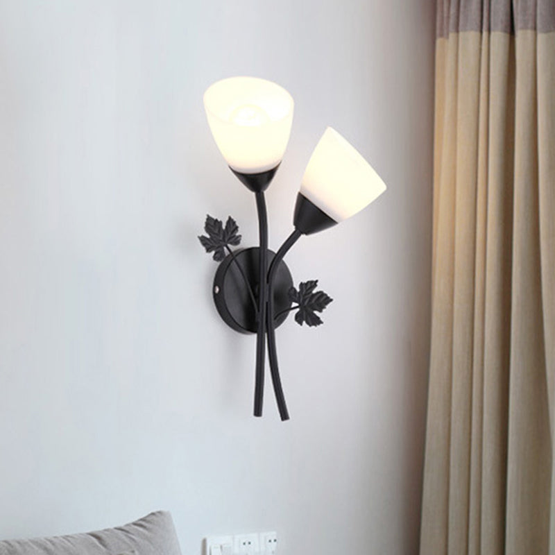 Floral Wall Lamp Modernist Milk Glass 2 Bulbs Black/Gold Sconce Light Fixture with Metal Leaf Clearhalo 'Cast Iron' 'Glass' 'Industrial' 'Modern wall lights' 'Modern' 'Tiffany' 'Traditional wall lights' 'Wall Lamps & Sconces' 'Wall Lights' Lighting' 331172