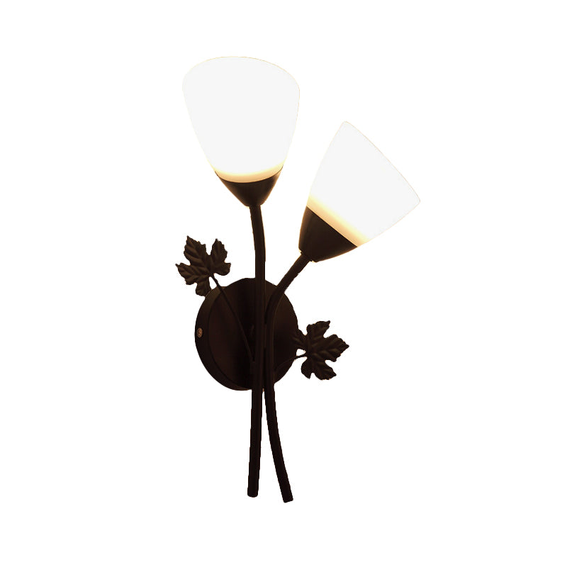 Floral Wall Lamp Modernist Milk Glass 2 Bulbs Black/Gold Sconce Light Fixture with Metal Leaf Clearhalo 'Cast Iron' 'Glass' 'Industrial' 'Modern wall lights' 'Modern' 'Tiffany' 'Traditional wall lights' 'Wall Lamps & Sconces' 'Wall Lights' Lighting' 331173