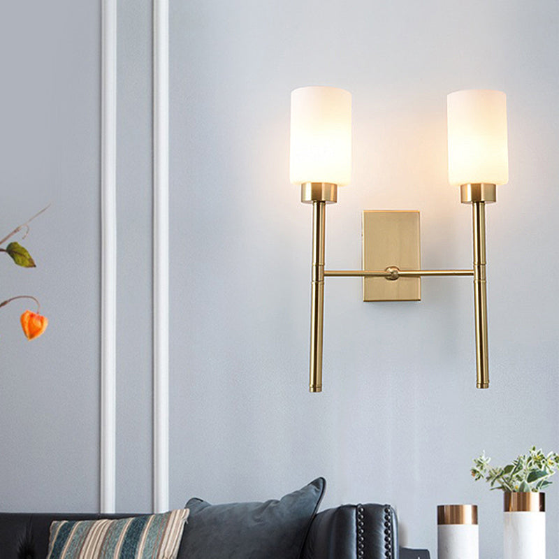 2 Bulbs Pencil Arm Sconce Contemporary Metal Wall Mounted Light Fixture in Brass with White Glass Shade Brass Clearhalo 'Cast Iron' 'Glass' 'Industrial' 'Modern wall lights' 'Modern' 'Tiffany' 'Traditional wall lights' 'Wall Lamps & Sconces' 'Wall Lights' Lighting' 331184