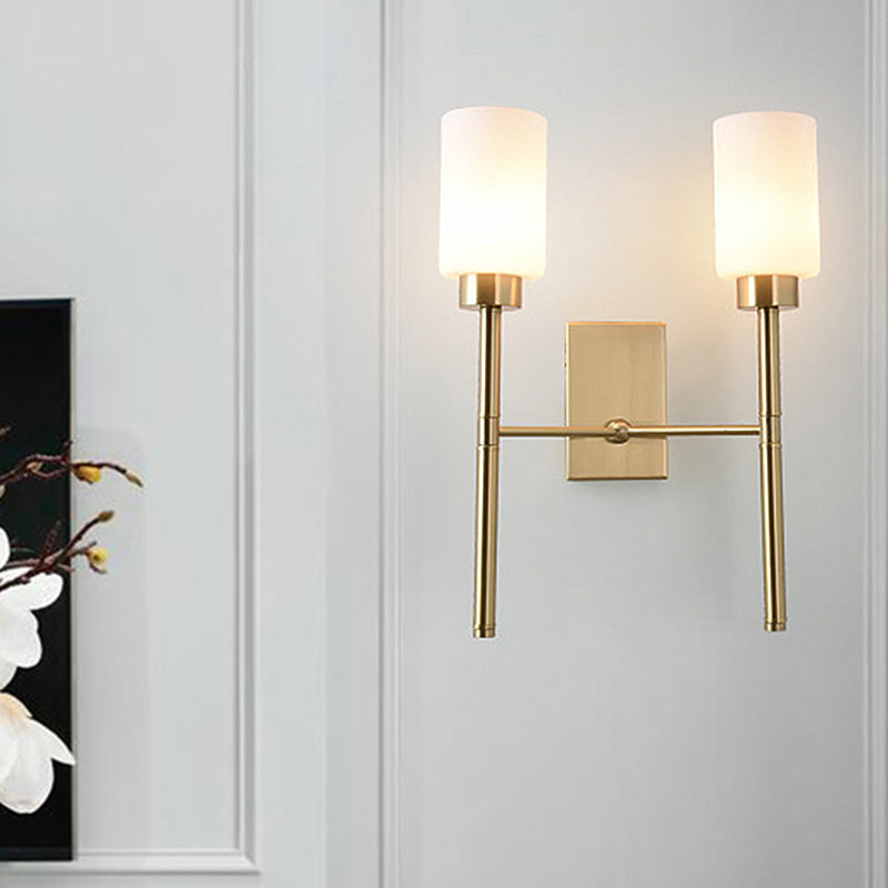 2 Bulbs Pencil Arm Sconce Contemporary Metal Wall Mounted Light Fixture in Brass with White Glass Shade Clearhalo 'Cast Iron' 'Glass' 'Industrial' 'Modern wall lights' 'Modern' 'Tiffany' 'Traditional wall lights' 'Wall Lamps & Sconces' 'Wall Lights' Lighting' 331185
