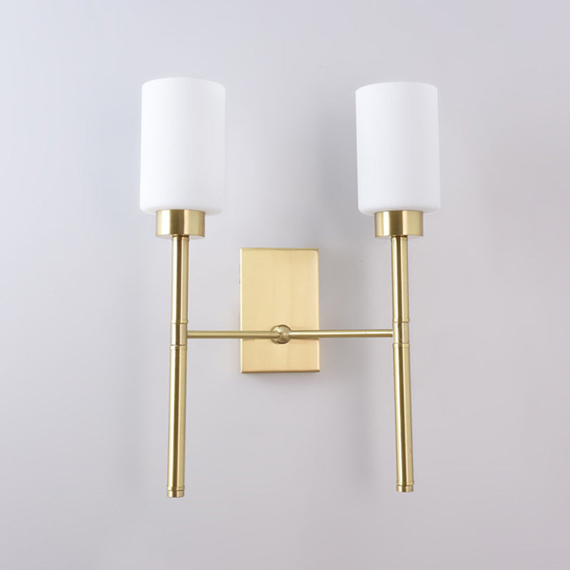 2 Bulbs Pencil Arm Sconce Contemporary Metal Wall Mounted Light Fixture in Brass with White Glass Shade Clearhalo 'Cast Iron' 'Glass' 'Industrial' 'Modern wall lights' 'Modern' 'Tiffany' 'Traditional wall lights' 'Wall Lamps & Sconces' 'Wall Lights' Lighting' 331186