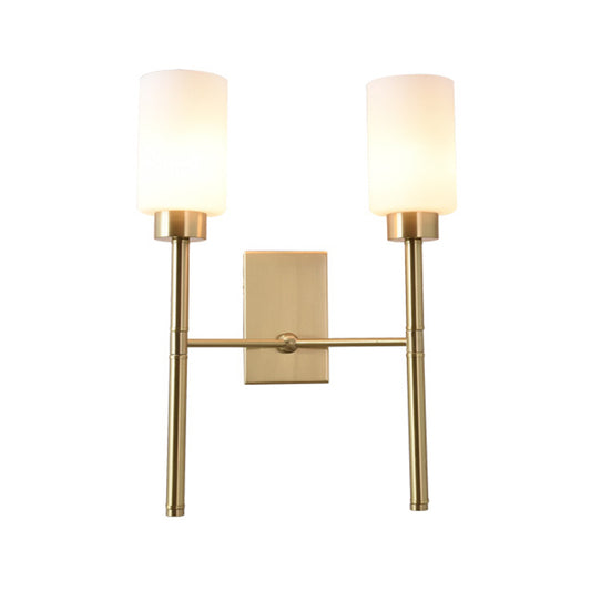2 Bulbs Pencil Arm Sconce Contemporary Metal Wall Mounted Light Fixture in Brass with White Glass Shade Clearhalo 'Cast Iron' 'Glass' 'Industrial' 'Modern wall lights' 'Modern' 'Tiffany' 'Traditional wall lights' 'Wall Lamps & Sconces' 'Wall Lights' Lighting' 331187
