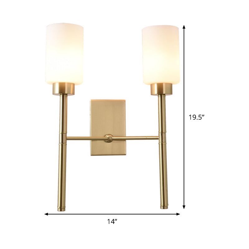2 Bulbs Pencil Arm Sconce Contemporary Metal Wall Mounted Light Fixture in Brass with White Glass Shade Clearhalo 'Cast Iron' 'Glass' 'Industrial' 'Modern wall lights' 'Modern' 'Tiffany' 'Traditional wall lights' 'Wall Lamps & Sconces' 'Wall Lights' Lighting' 331188