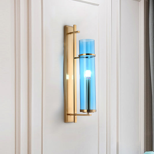 Cylinder Living Room Sconce Blue Glass 1 Head Modernism Wall Mount Light Fixture Clearhalo 'Cast Iron' 'Glass' 'Industrial' 'Modern wall lights' 'Modern' 'Tiffany' 'Traditional wall lights' 'Wall Lamps & Sconces' 'Wall Lights' Lighting' 331190