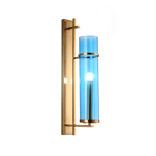 Cylinder Living Room Sconce Blue Glass 1 Head Modernism Wall Mount Light Fixture Clearhalo 'Cast Iron' 'Glass' 'Industrial' 'Modern wall lights' 'Modern' 'Tiffany' 'Traditional wall lights' 'Wall Lamps & Sconces' 'Wall Lights' Lighting' 331192
