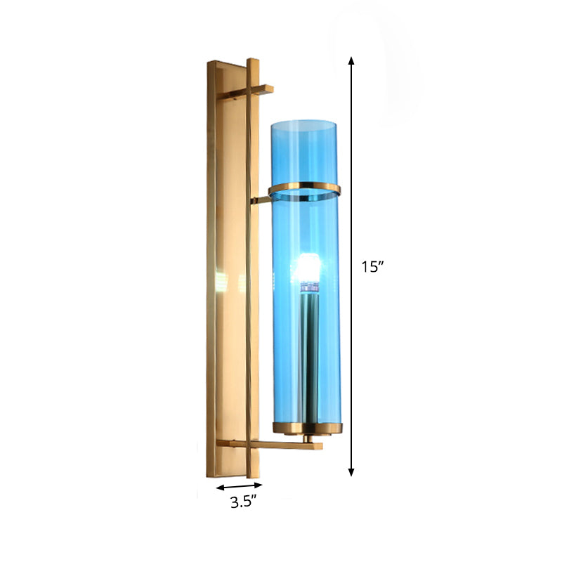 Cylinder Living Room Sconce Blue Glass 1 Head Modernism Wall Mount Light Fixture Clearhalo 'Cast Iron' 'Glass' 'Industrial' 'Modern wall lights' 'Modern' 'Tiffany' 'Traditional wall lights' 'Wall Lamps & Sconces' 'Wall Lights' Lighting' 331193