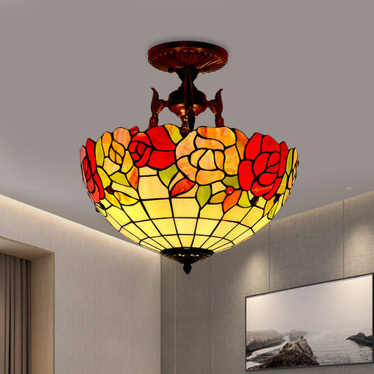 3 Lights Semi Flush Mediterranean Flower White/Red/Yellow Stained Glass Ceiling Mounted Light for Bedroom Clearhalo 'Ceiling Lights' 'Chandeliers' 'Close To Ceiling Lights' 'Close to ceiling' 'Glass shade' 'Glass' 'Semi-flushmount' 'Tiffany close to ceiling' 'Tiffany' Lighting' 331195