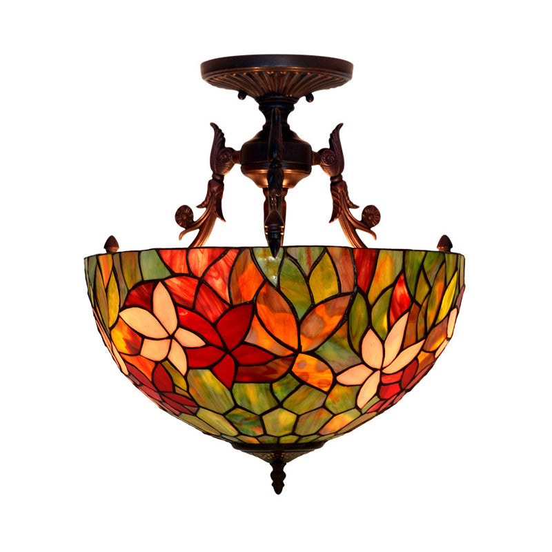 3 Lights Semi Flush Mediterranean Flower White/Red/Yellow Stained Glass Ceiling Mounted Light for Bedroom Red Clearhalo 'Ceiling Lights' 'Chandeliers' 'Close To Ceiling Lights' 'Close to ceiling' 'Glass shade' 'Glass' 'Semi-flushmount' 'Tiffany close to ceiling' 'Tiffany' Lighting' 331199