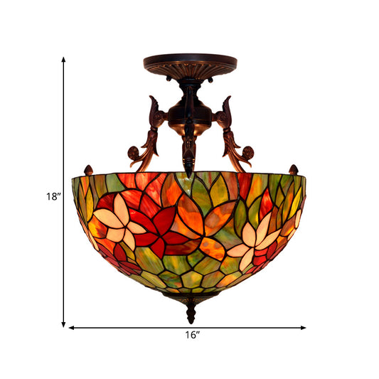 3 Lights Semi Flush Mediterranean Flower White/Red/Yellow Stained Glass Ceiling Mounted Light for Bedroom Clearhalo 'Ceiling Lights' 'Chandeliers' 'Close To Ceiling Lights' 'Close to ceiling' 'Glass shade' 'Glass' 'Semi-flushmount' 'Tiffany close to ceiling' 'Tiffany' Lighting' 331201
