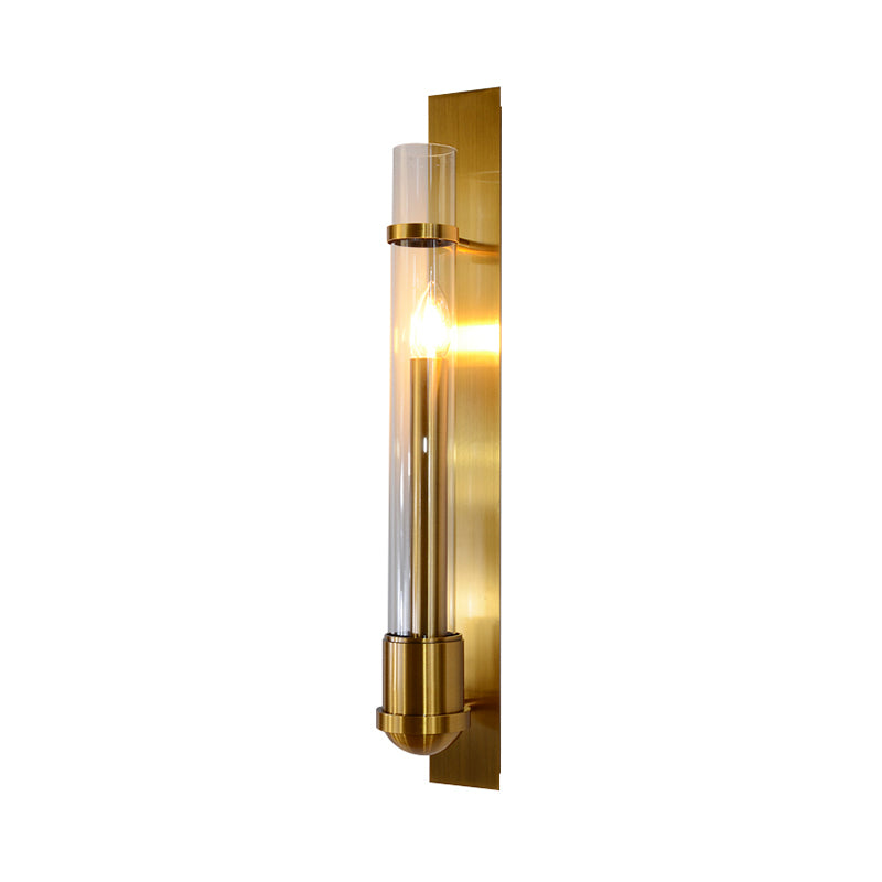 Contemporary 1 Bulb Wall Lighting Gold Tube Sconce Light Fixture with Clear Glass Shade Clearhalo 'Cast Iron' 'Glass' 'Industrial' 'Modern wall lights' 'Modern' 'Tiffany' 'Traditional wall lights' 'Wall Lamps & Sconces' 'Wall Lights' Lighting' 331214