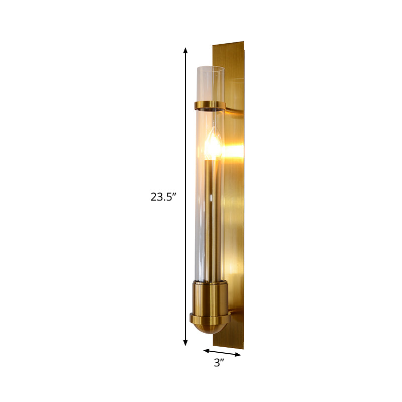 Contemporary 1 Bulb Wall Lighting Gold Tube Sconce Light Fixture with Clear Glass Shade Clearhalo 'Cast Iron' 'Glass' 'Industrial' 'Modern wall lights' 'Modern' 'Tiffany' 'Traditional wall lights' 'Wall Lamps & Sconces' 'Wall Lights' Lighting' 331215