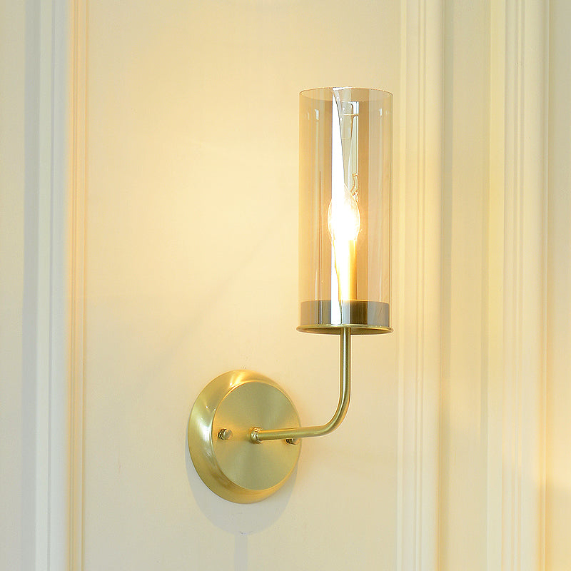 Metal Curvy Arm Wall Lamp Simple 1 Head Brass Sconce Light Fixture with Clear Glass Shade - Brass - Clearhalo - 'Cast Iron' - 'Glass' - 'Industrial' - 'Modern wall lights' - 'Modern' - 'Tiffany' - 'Traditional wall lights' - 'Wall Lamps & Sconces' - 'Wall Lights' - Lighting' - 331216
