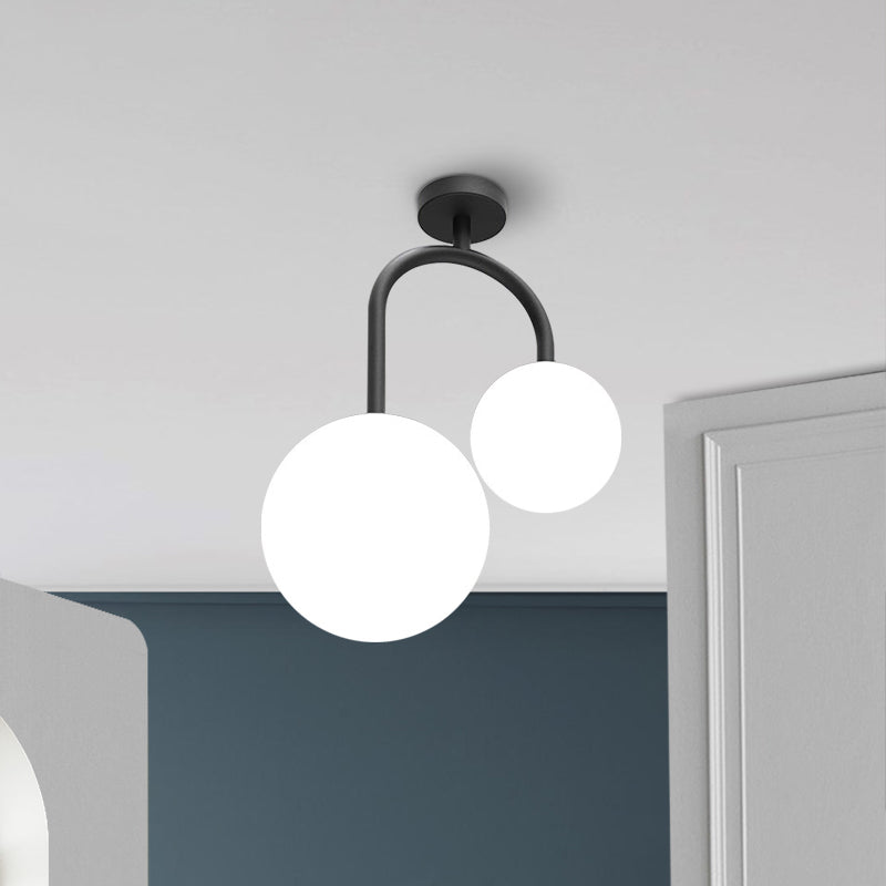 2 Lights White Semi-Flush Ceiling Light with Global Glass Lampshade Modernist Semi Mount Lighting for Bedroom White Clearhalo 'Ceiling Lights' 'Close To Ceiling Lights' 'Close to ceiling' 'Glass shade' 'Glass' 'Semi-flushmount' Lighting' 331221