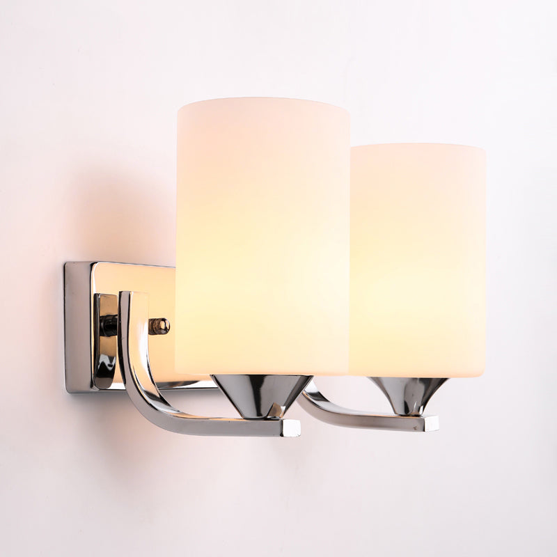 Chrome Cylindrical Sconce Light Modernist 2 Heads Milky Glass Wall Mounted Lighting - Clearhalo - 'Cast Iron' - 'Glass' - 'Industrial' - 'Modern wall lights' - 'Modern' - 'Tiffany' - 'Traditional wall lights' - 'Wall Lamps & Sconces' - 'Wall Lights' - Lighting' - 331227