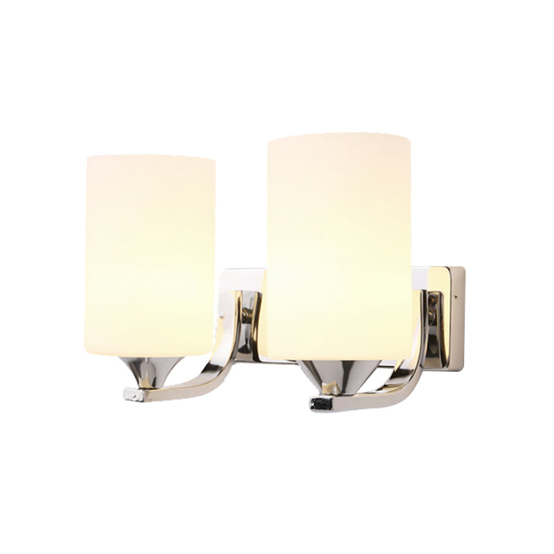 Chrome Cylindrical Sconce Light Modernist 2 Heads Milky Glass Wall Mounted Lighting - Clearhalo - 'Cast Iron' - 'Glass' - 'Industrial' - 'Modern wall lights' - 'Modern' - 'Tiffany' - 'Traditional wall lights' - 'Wall Lamps & Sconces' - 'Wall Lights' - Lighting' - 331228