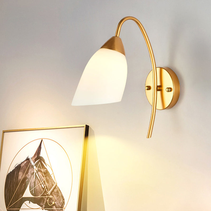 1 Head Bedroom Sconce Light Modernism Gold Wall Mount Lamp with Flare White Glass Shade Gold Clearhalo 'Cast Iron' 'Glass' 'Industrial' 'Modern wall lights' 'Modern' 'Tiffany' 'Traditional wall lights' 'Wall Lamps & Sconces' 'Wall Lights' Lighting' 331230