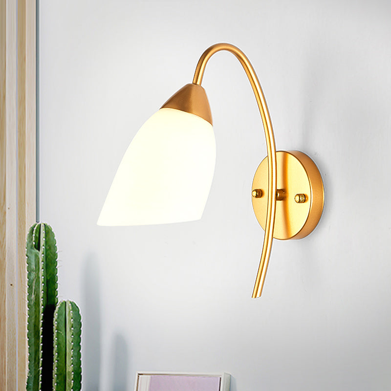 1 Head Bedroom Sconce Light Modernism Gold Wall Mount Lamp with Flare White Glass Shade Clearhalo 'Cast Iron' 'Glass' 'Industrial' 'Modern wall lights' 'Modern' 'Tiffany' 'Traditional wall lights' 'Wall Lamps & Sconces' 'Wall Lights' Lighting' 331231
