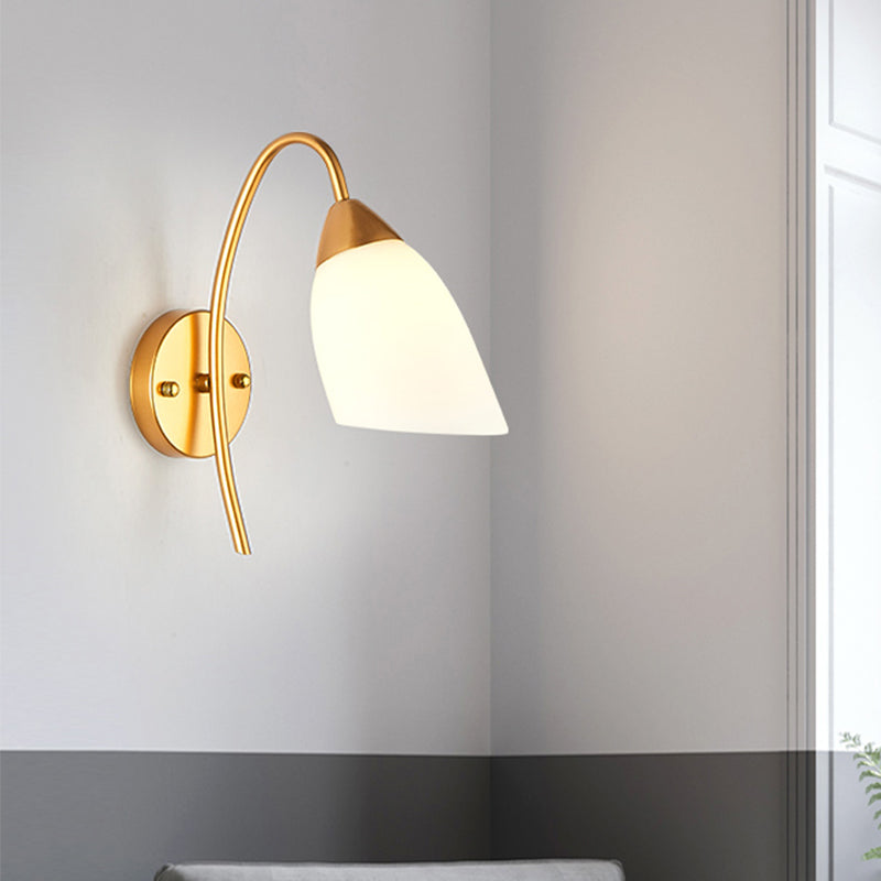 1 Head Bedroom Sconce Light Modernism Gold Wall Mount Lamp with Flare White Glass Shade Clearhalo 'Cast Iron' 'Glass' 'Industrial' 'Modern wall lights' 'Modern' 'Tiffany' 'Traditional wall lights' 'Wall Lamps & Sconces' 'Wall Lights' Lighting' 331232