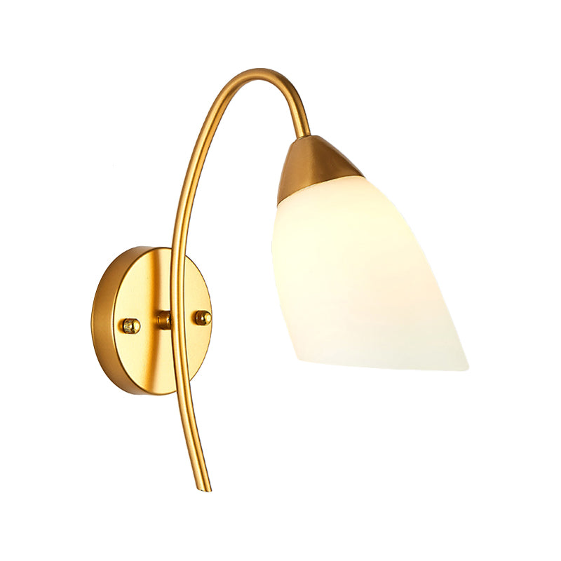 1 Head Bedroom Sconce Light Modernism Gold Wall Mount Lamp with Flare White Glass Shade Clearhalo 'Cast Iron' 'Glass' 'Industrial' 'Modern wall lights' 'Modern' 'Tiffany' 'Traditional wall lights' 'Wall Lamps & Sconces' 'Wall Lights' Lighting' 331233