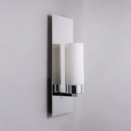 Opal Glass Tube Wall Lighting Modern 1 Head Chrome Sconce Light Fixture with Rectangle Metal Backplate Chrome Clearhalo 'Cast Iron' 'Glass' 'Industrial' 'Modern wall lights' 'Modern' 'Tiffany' 'Traditional wall lights' 'Wall Lamps & Sconces' 'Wall Lights' Lighting' 331240