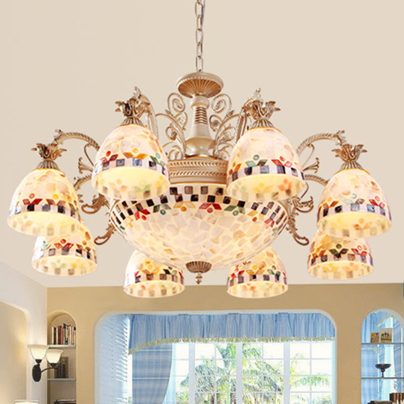 White Domed Hanging Chandelier Baroque 5/9/11 Lights Shell Suspension Lighting Fixture Clearhalo 'Ceiling Lights' 'Chandeliers' 'Industrial' 'Middle Century Chandeliers' 'Tiffany Chandeliers' 'Tiffany close to ceiling' 'Tiffany' Lighting' 331246