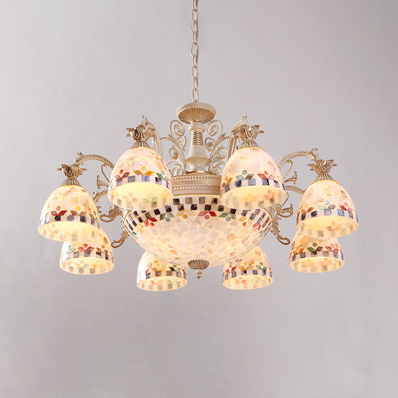 White Domed Hanging Chandelier Baroque 5/9/11 Lights Shell Suspension Lighting Fixture Clearhalo 'Ceiling Lights' 'Chandeliers' 'Industrial' 'Middle Century Chandeliers' 'Tiffany Chandeliers' 'Tiffany close to ceiling' 'Tiffany' Lighting' 331247