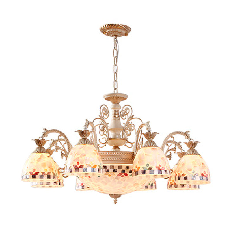 White Domed Hanging Chandelier Baroque 5/9/11 Lights Shell Suspension Lighting Fixture Clearhalo 'Ceiling Lights' 'Chandeliers' 'Industrial' 'Middle Century Chandeliers' 'Tiffany Chandeliers' 'Tiffany close to ceiling' 'Tiffany' Lighting' 331248