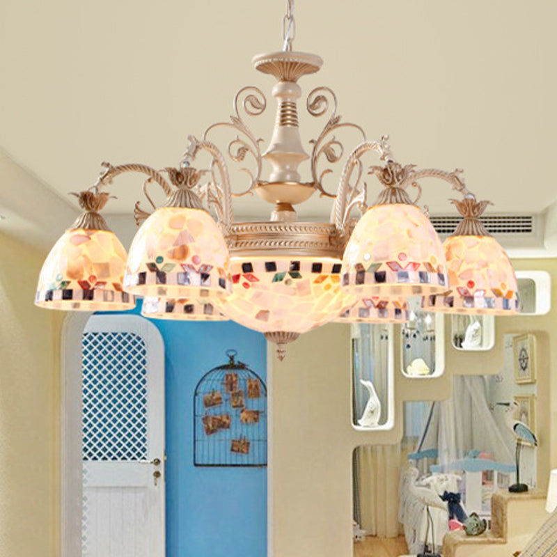 White Domed Hanging Chandelier Baroque 5/9/11 Lights Shell Suspension Lighting Fixture 9 White Clearhalo 'Ceiling Lights' 'Chandeliers' 'Industrial' 'Middle Century Chandeliers' 'Tiffany Chandeliers' 'Tiffany close to ceiling' 'Tiffany' Lighting' 331250