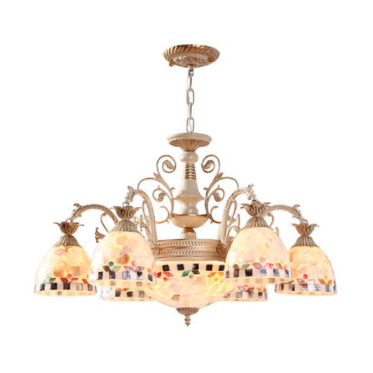 White Domed Hanging Chandelier Baroque 5/9/11 Lights Shell Suspension Lighting Fixture Clearhalo 'Ceiling Lights' 'Chandeliers' 'Industrial' 'Middle Century Chandeliers' 'Tiffany Chandeliers' 'Tiffany close to ceiling' 'Tiffany' Lighting' 331251