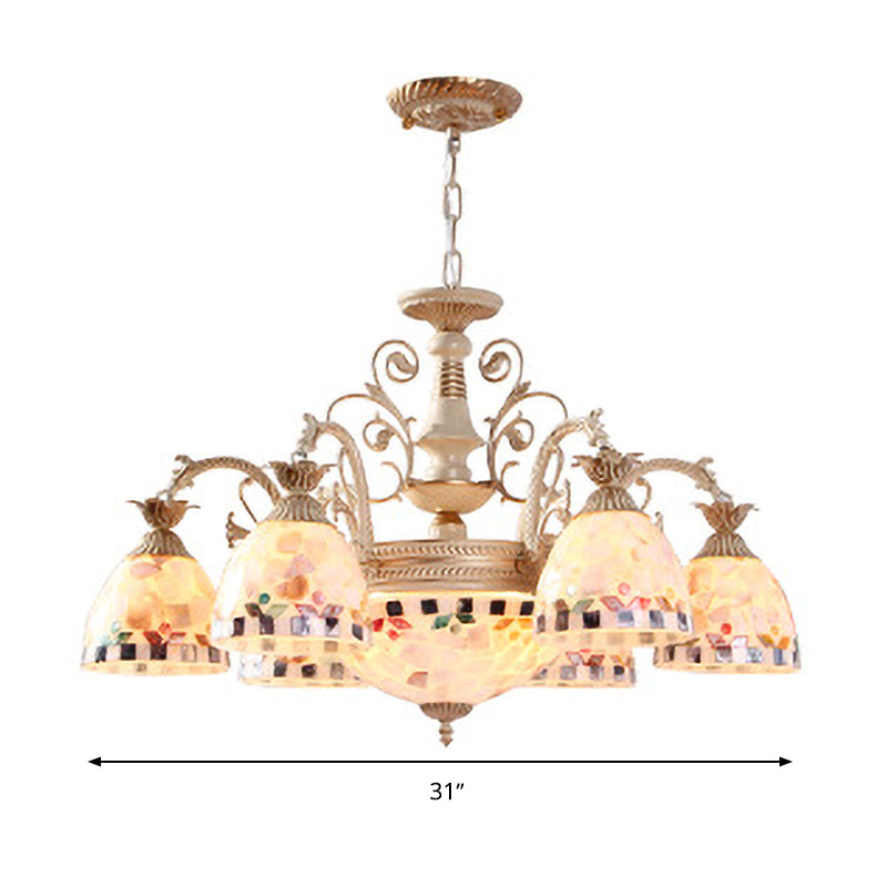 White Domed Hanging Chandelier Baroque 5/9/11 Lights Shell Suspension Lighting Fixture Clearhalo 'Ceiling Lights' 'Chandeliers' 'Industrial' 'Middle Century Chandeliers' 'Tiffany Chandeliers' 'Tiffany close to ceiling' 'Tiffany' Lighting' 331252