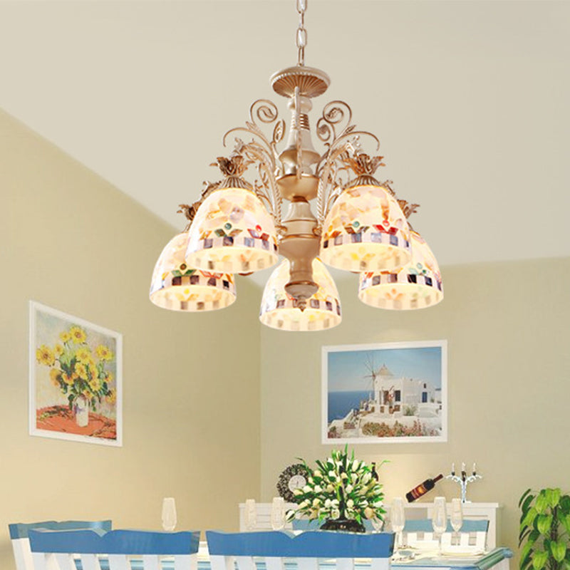 White Domed Hanging Chandelier Baroque 5/9/11 Lights Shell Suspension Lighting Fixture 5 White Clearhalo 'Ceiling Lights' 'Chandeliers' 'Industrial' 'Middle Century Chandeliers' 'Tiffany Chandeliers' 'Tiffany close to ceiling' 'Tiffany' Lighting' 331253