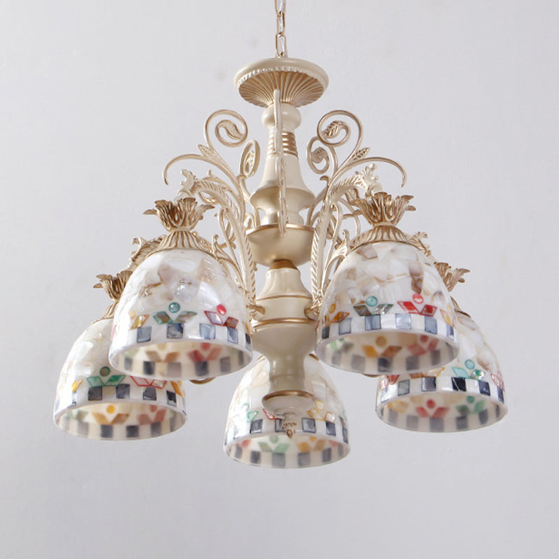 White Domed Hanging Chandelier Baroque 5/9/11 Lights Shell Suspension Lighting Fixture Clearhalo 'Ceiling Lights' 'Chandeliers' 'Industrial' 'Middle Century Chandeliers' 'Tiffany Chandeliers' 'Tiffany close to ceiling' 'Tiffany' Lighting' 331254