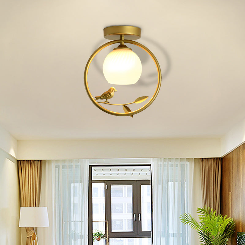 Gold Metal Ring Semi Flush Light with Glass Dome Lampshade Modern 1 Bulb Ceiling Mounted Light Gold without Crystal Clearhalo 'Ceiling Lights' 'Close To Ceiling Lights' 'Close to ceiling' 'Flush mount' Lighting' 331272