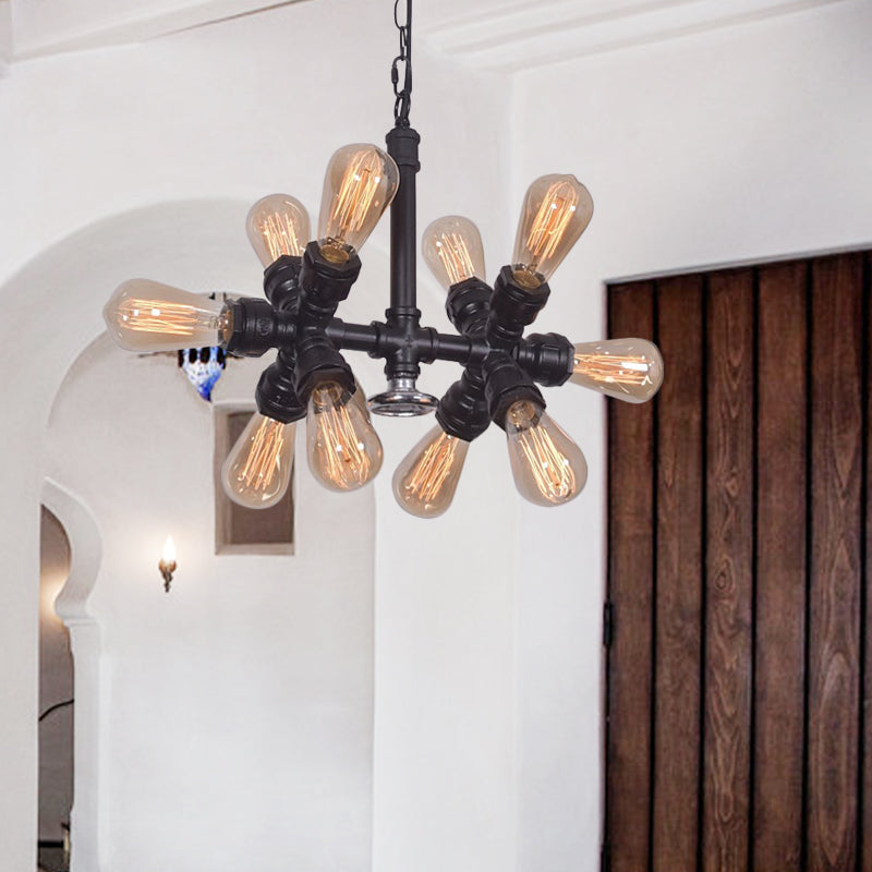 Exposed Bulb Chandelier Light Farmhouse Style Metal 10 Heads Black Pendant Lamp with Sputnik Design Clearhalo 'Cast Iron' 'Ceiling Lights' 'Chandeliers' 'Industrial Chandeliers' 'Industrial' 'Metal' 'Middle Century Chandeliers' 'Rustic Chandeliers' 'Tiffany' Lighting' 331283