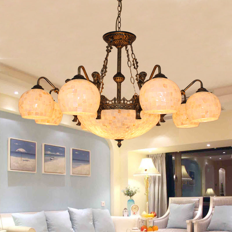 Spherical Shell Ceiling Chandelier Tiffany Style 5/9/11 Lights Bronze Suspension Lighting 11 Bronze Clearhalo 'Ceiling Lights' 'Chandeliers' 'Industrial' 'Middle Century Chandeliers' 'Tiffany Chandeliers' 'Tiffany close to ceiling' 'Tiffany' Lighting' 331292